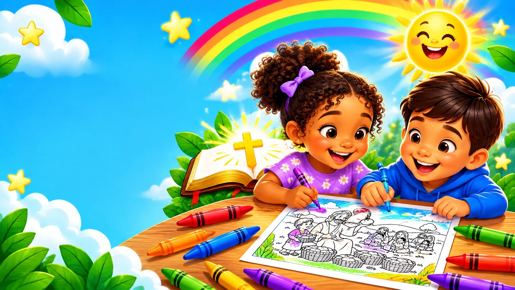 Two children coloring Bible pages at a table beside a children's Bible and crayons