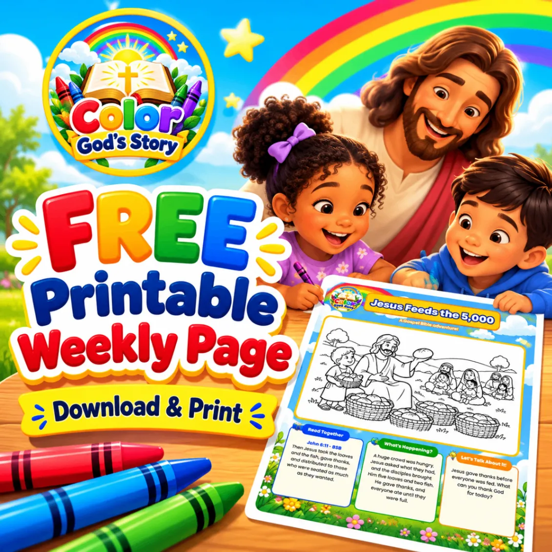 Children and Jesus enjoying the Color God's Story free weekly page