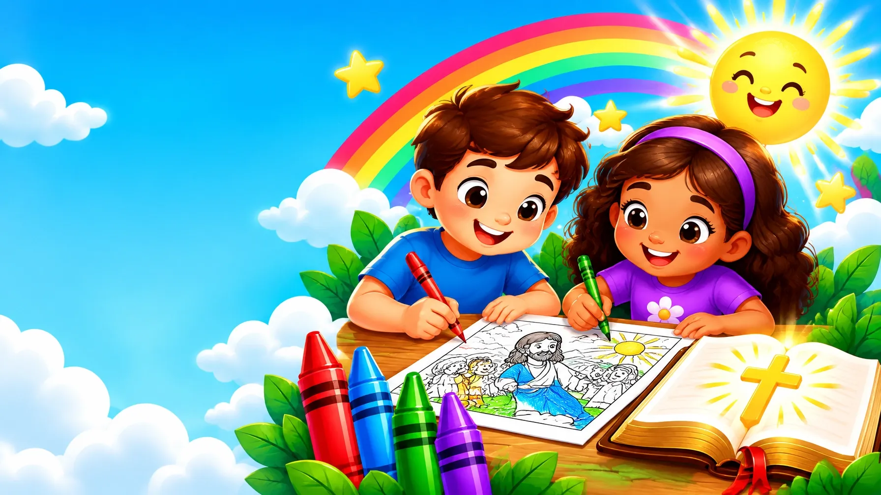 Two children coloring Bible pages beside an open Bible and rainbow